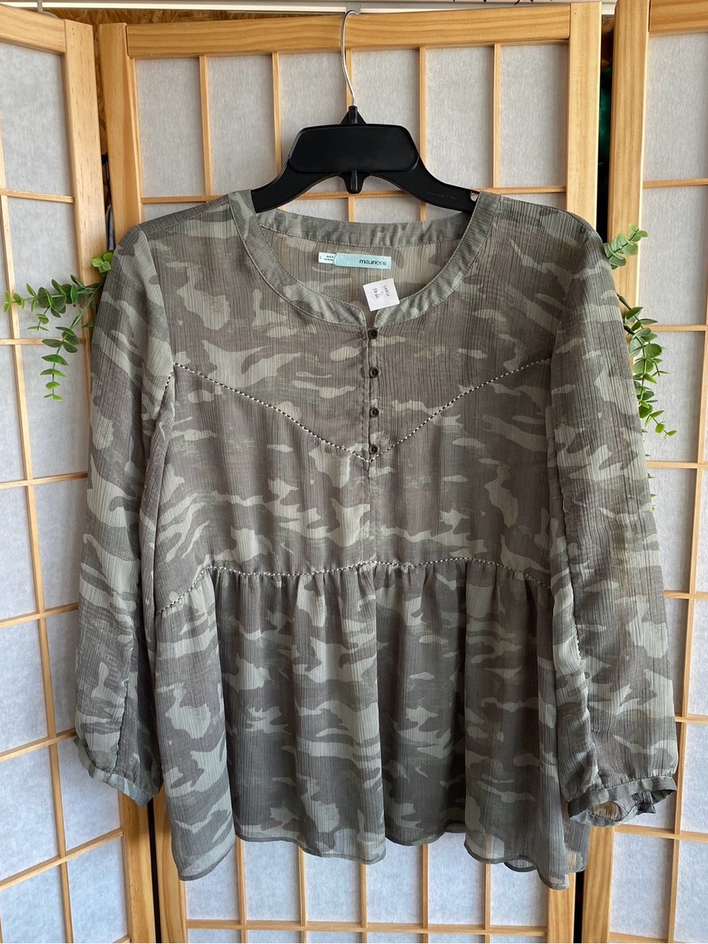 Maurices Olive Camo Peasant Blouse with Button Front